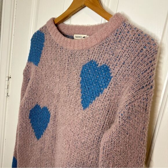 Toad&Co Daybreak Pink Blue Heart Print Wool Blend Cotati Dolman Sweater Sz S - Picture 3 of 9